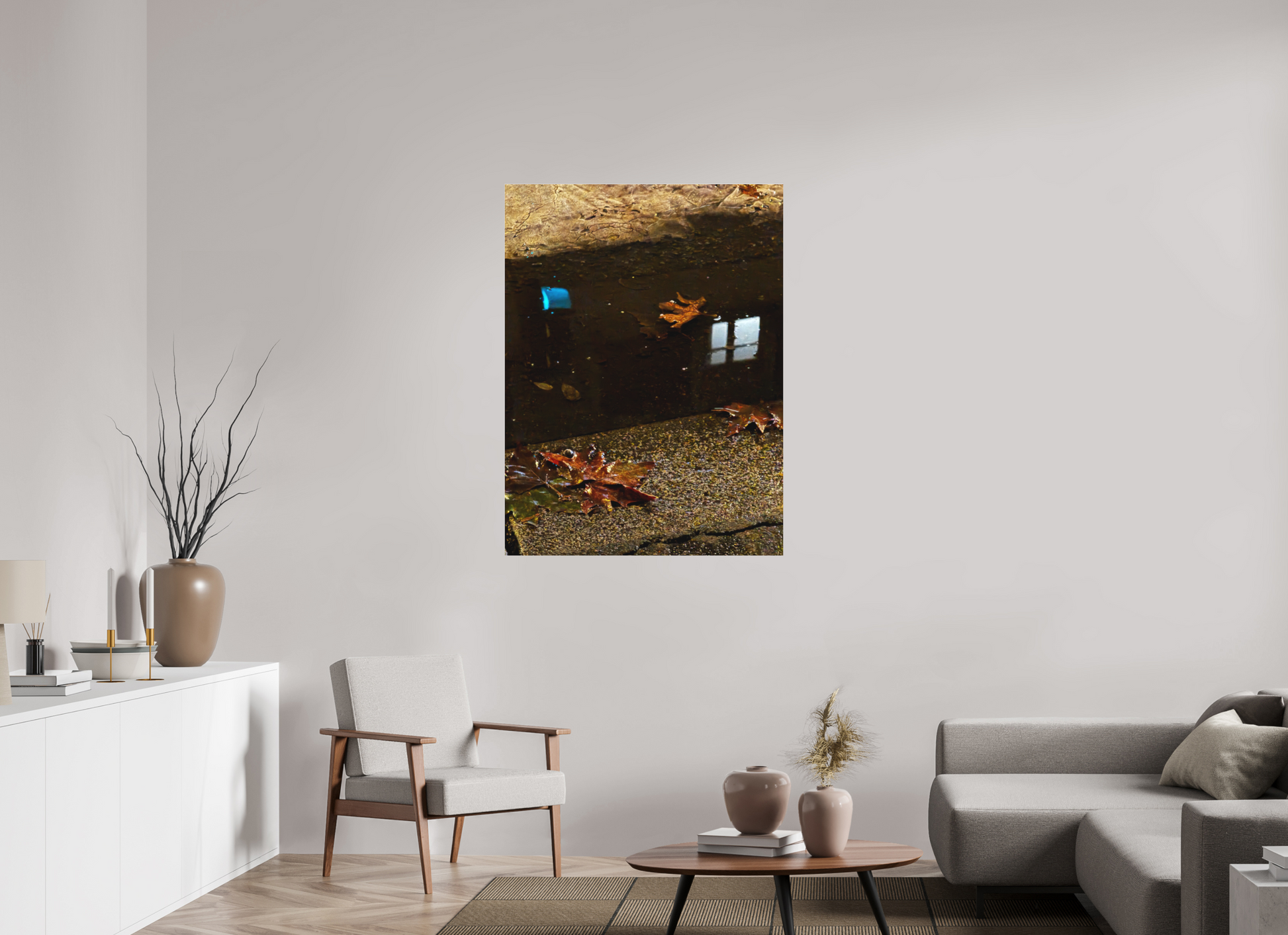 90 x 120 cm, Tirage photo sous Plexi mat " La pluie fait des miroirs dans la boue" #3 (Marie Sicard)